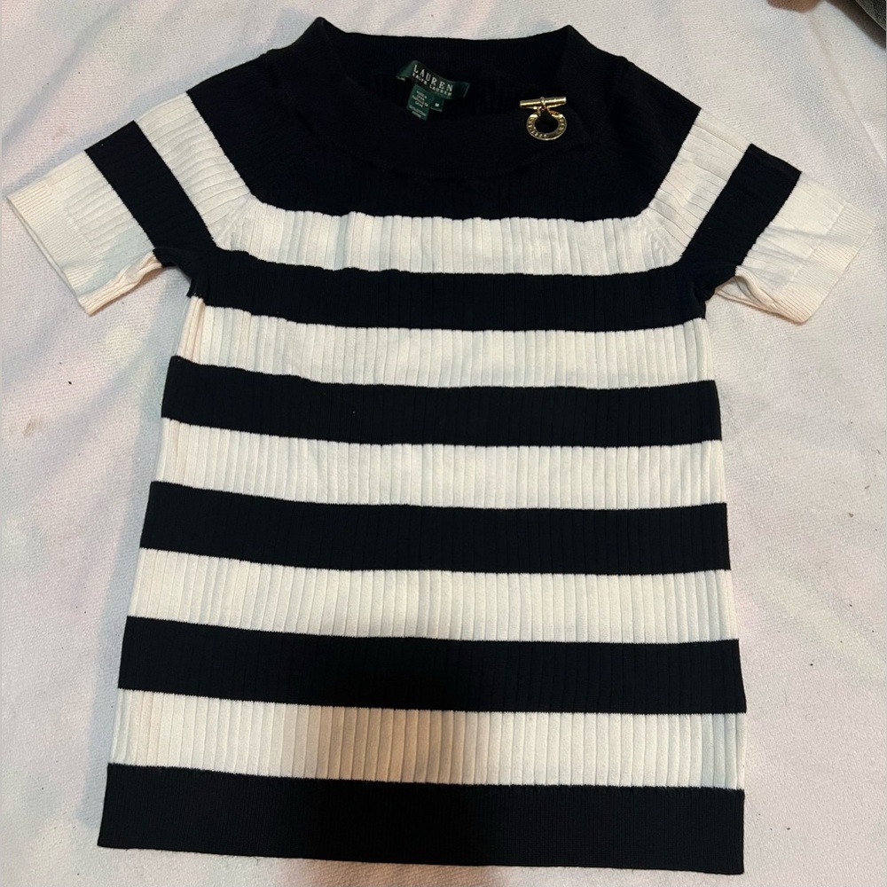 Lauren Ralph Lauren Black and White Striped Ribbed Short Sleeve Sweater Top